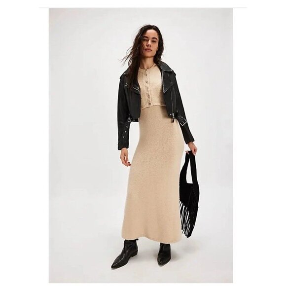 FREE PEOPLE Audrey Beige Cotton Blend Knit Bodycon Sweater Tank Dress, Size M - Picture 2 of 11